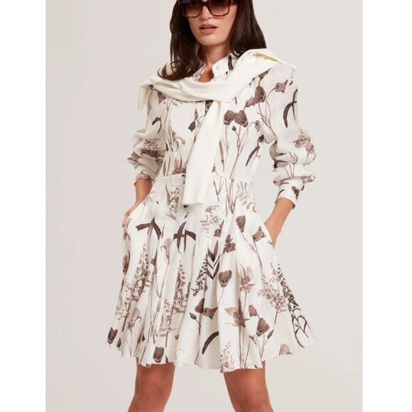 Ted Baker Ivory ELODIZA Sepia Print Linen Silk Mini Shirt Dress Size US 4 - Picture 1 of 10